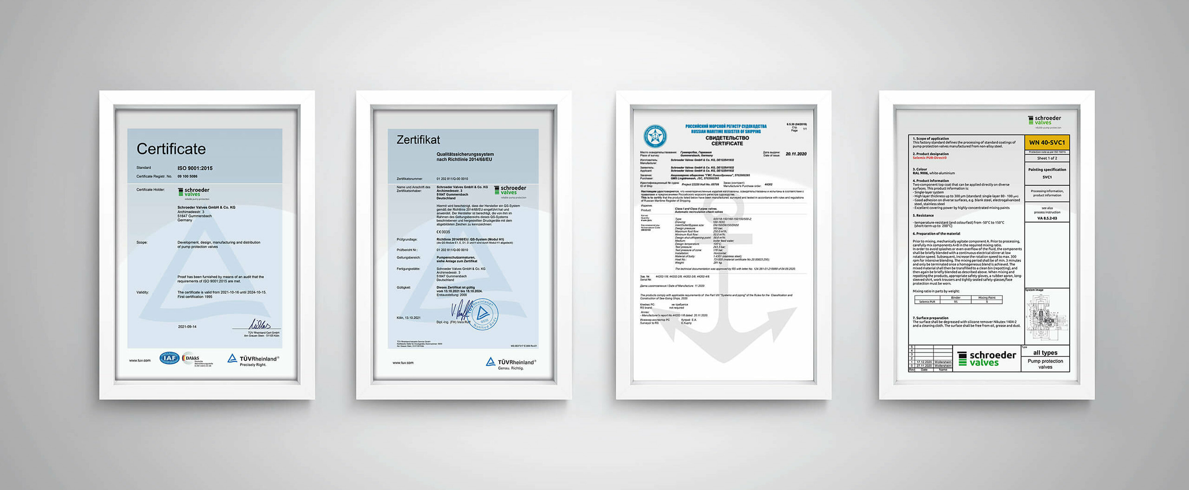 Image composition of the certificates from Schroeder Valves