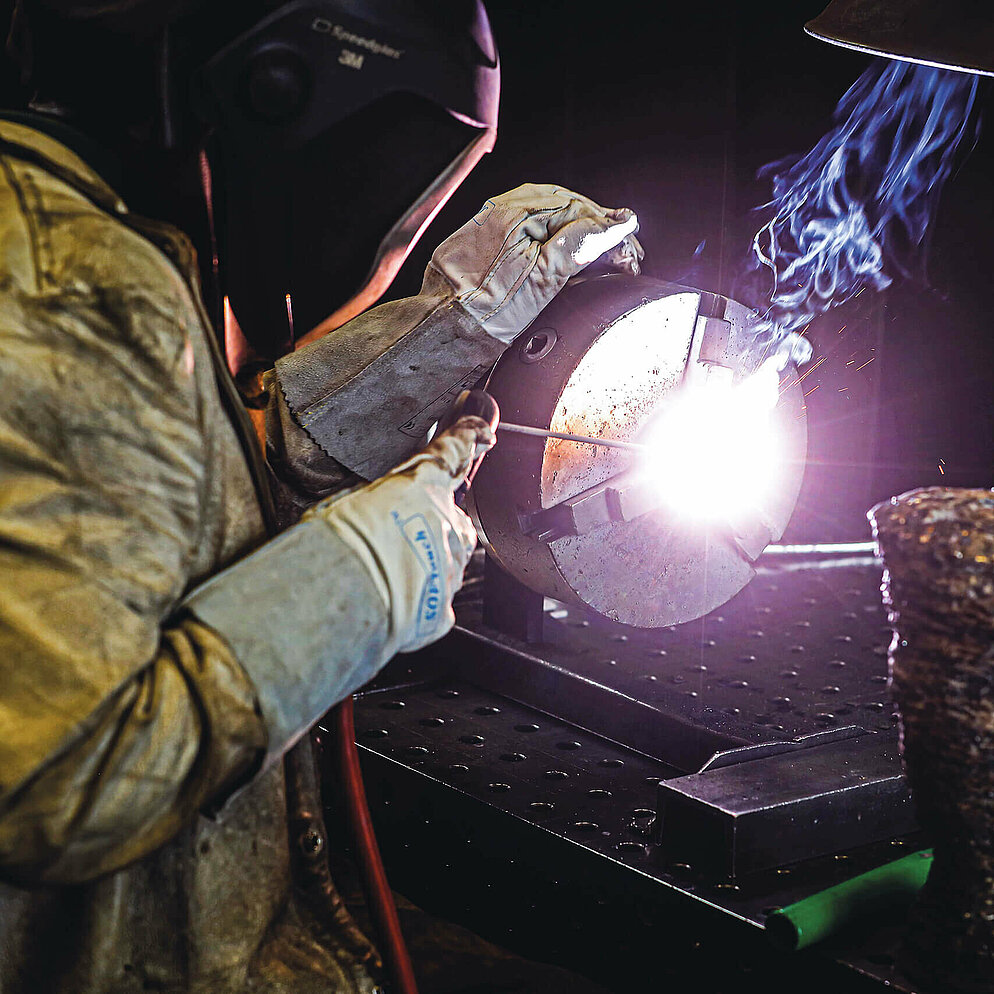 A welder joins major components of a Schroeder Valves valve